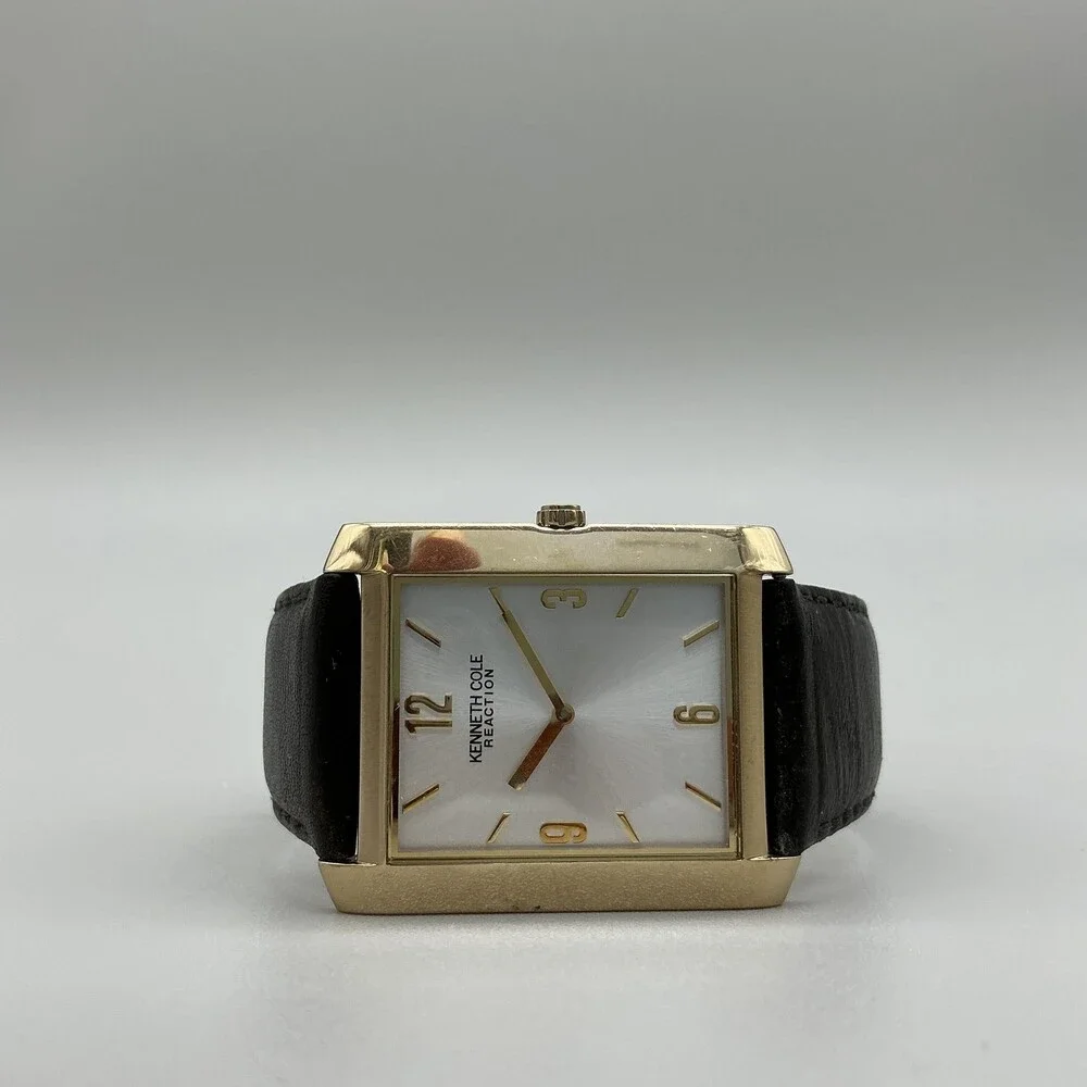 Kenneth Cole Reaction Mens Watch 33mm Silver Gold Tone Black Leather New Battery